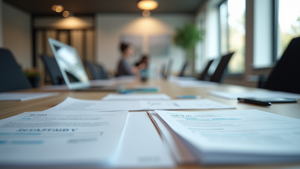 Eye-level view of a modern office workspace with SEO strategy documents