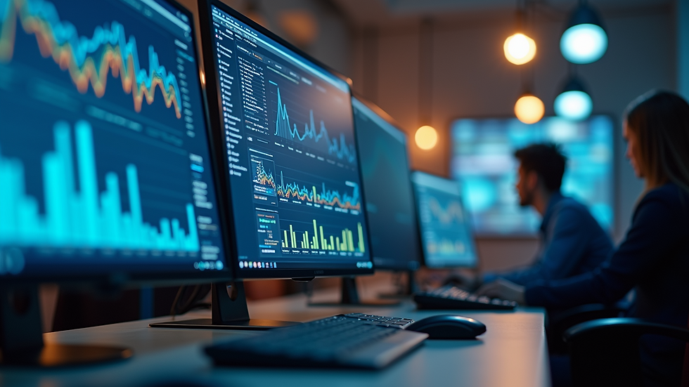 Eye-level view of a modern office workspace with multiple computer screens showing data analytics