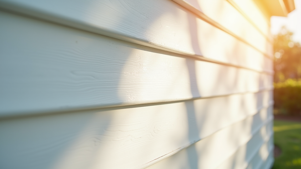 Eye-level view of clean white vinyl house siding with sunlight