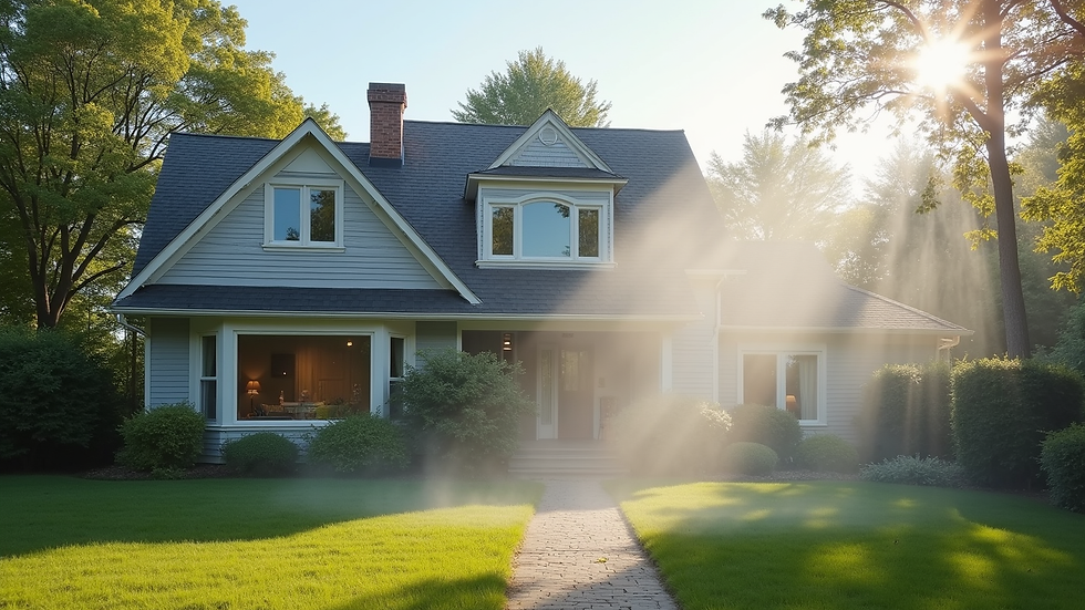 Wide angle view of a house exterior after power washing