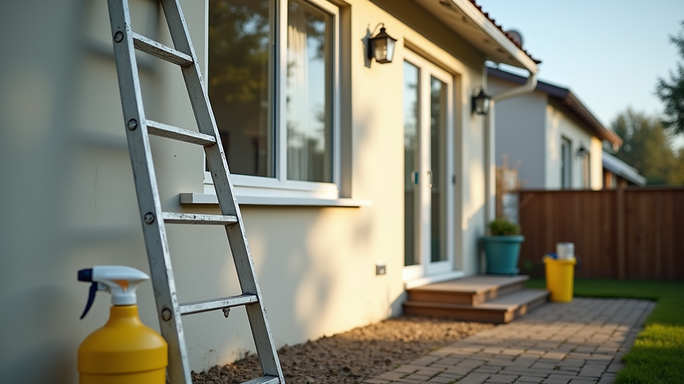 Close-up view of a ladder leaning against a house exterior with cleaning supplies nearby