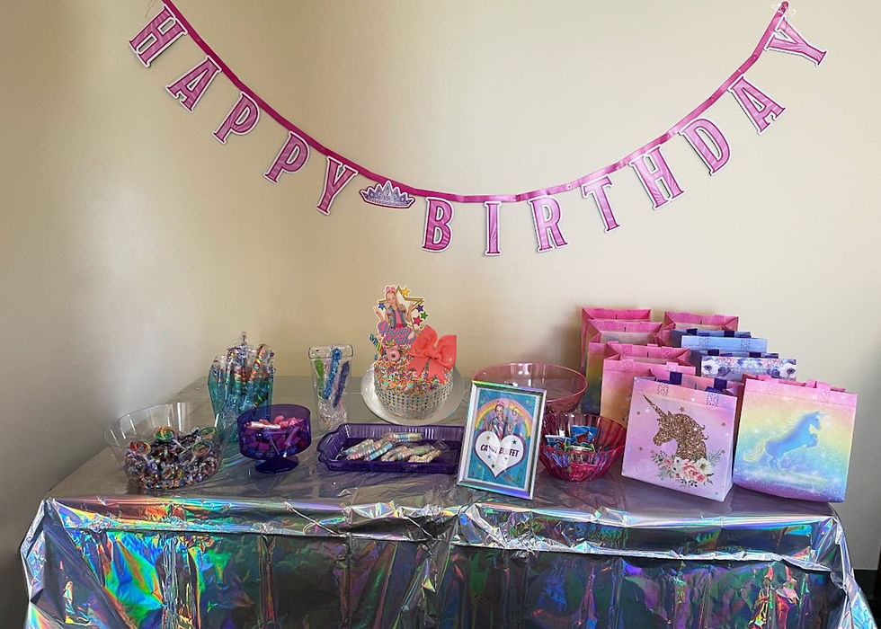 Candy Buffet complete with a Happy Birthday Sign, large colorful bowls of candy, a Jojo Siwa Cake, and unicorn goodie bags