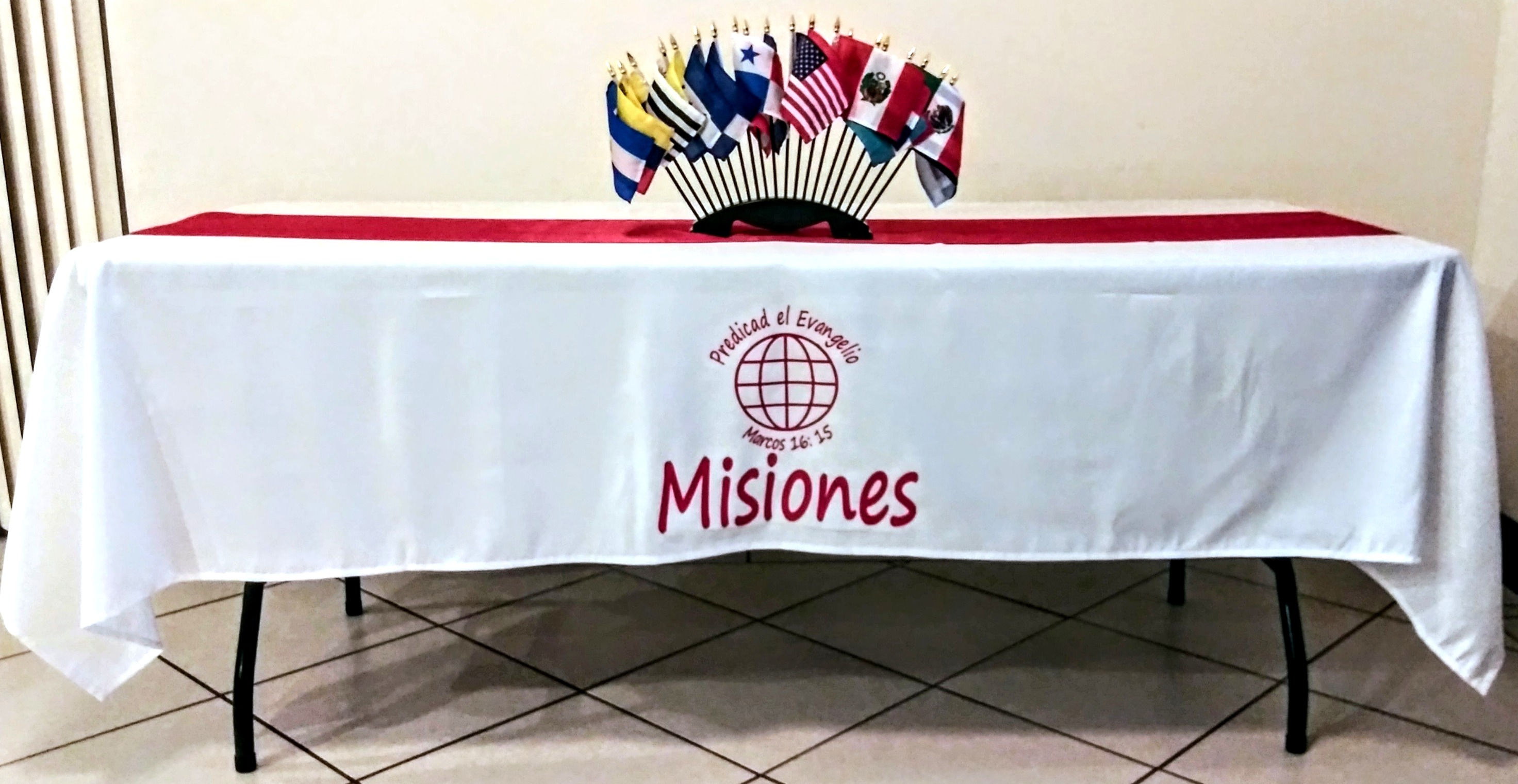 MANTEL MISIONES BLANCO/ROJO Y BANDERAS