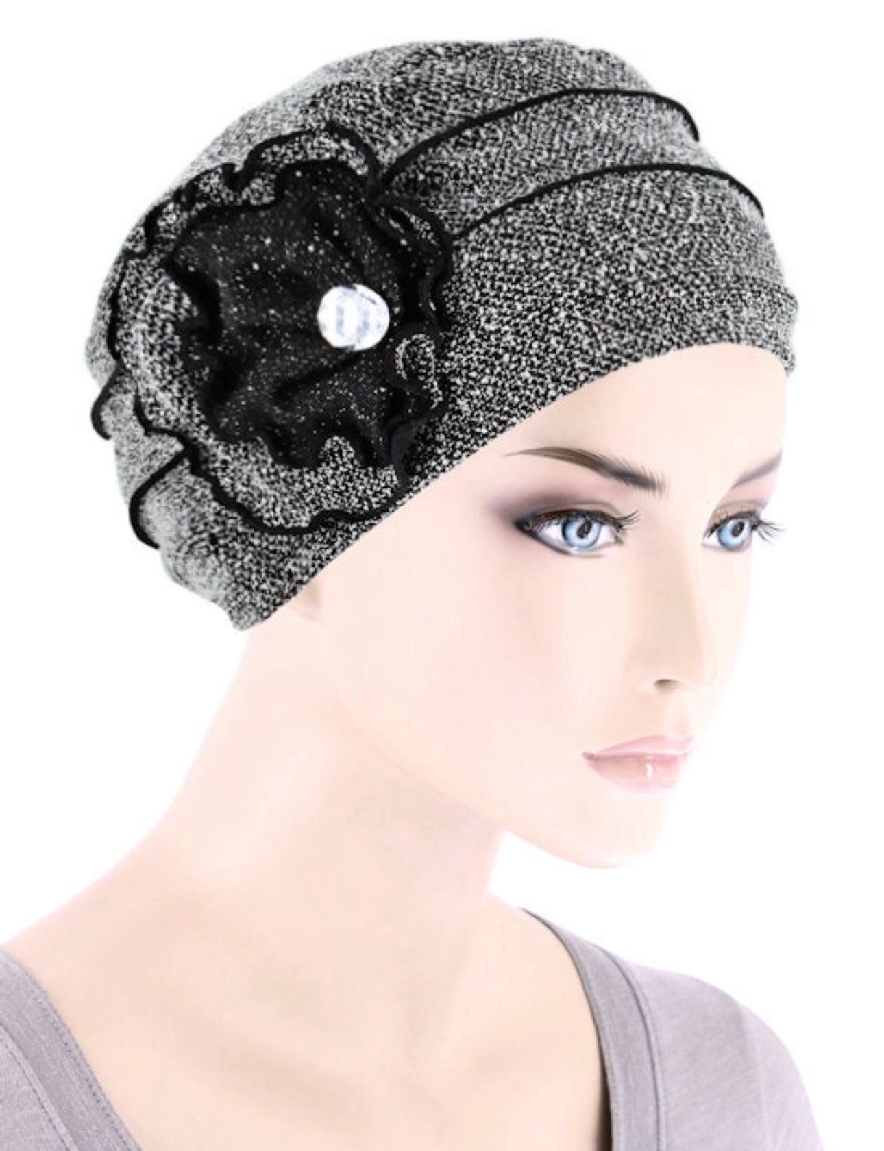 Winter Hat Cap Floral Rhinestone Black
