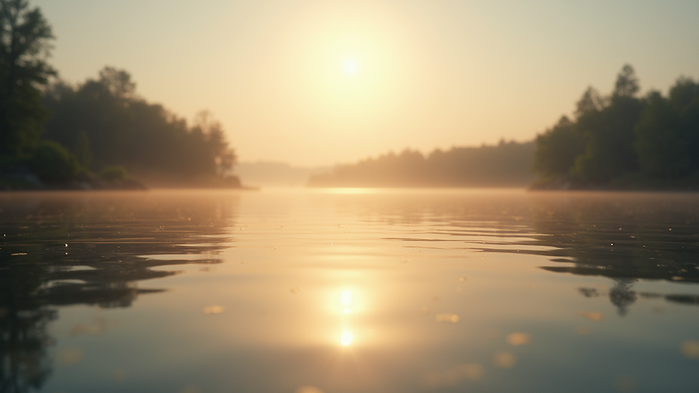 Eye-level view of a serene lake reflecting the morning light