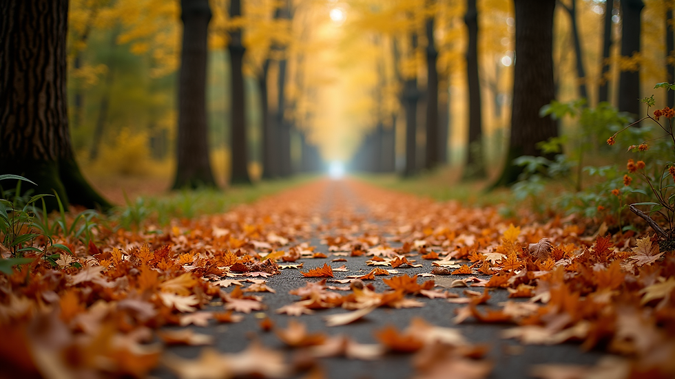 Wide-angle view of a tranquil forest path covered in autumn leaves