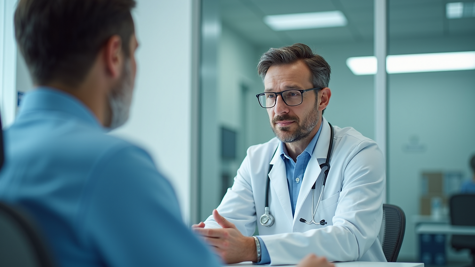 Eye-level view of a doctor interacting with a patient in a modern clinic