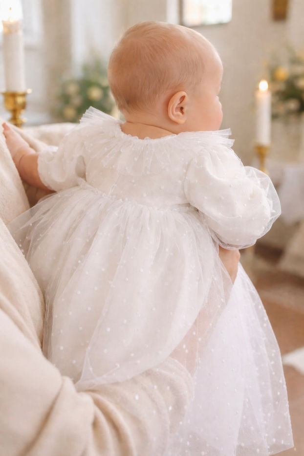 Baby mit wunderschönen weißen Taufkleid aus feinsten Stoffen