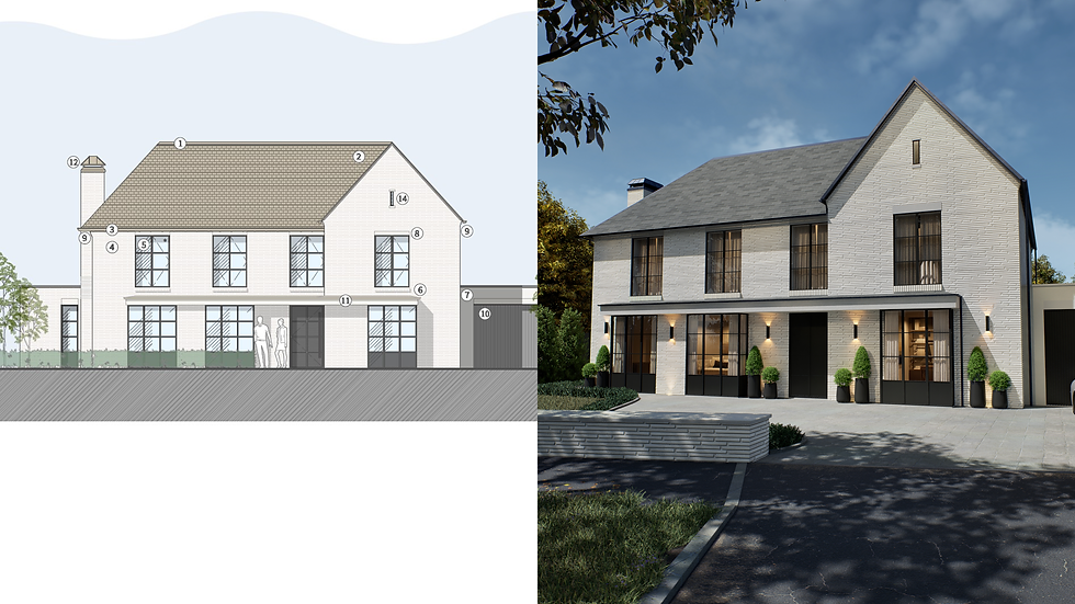 Side-by-side comparison of an architectural CAD elevation drawing and a 3D exterior rendering of a modern two-story house with pitched roof and large windows