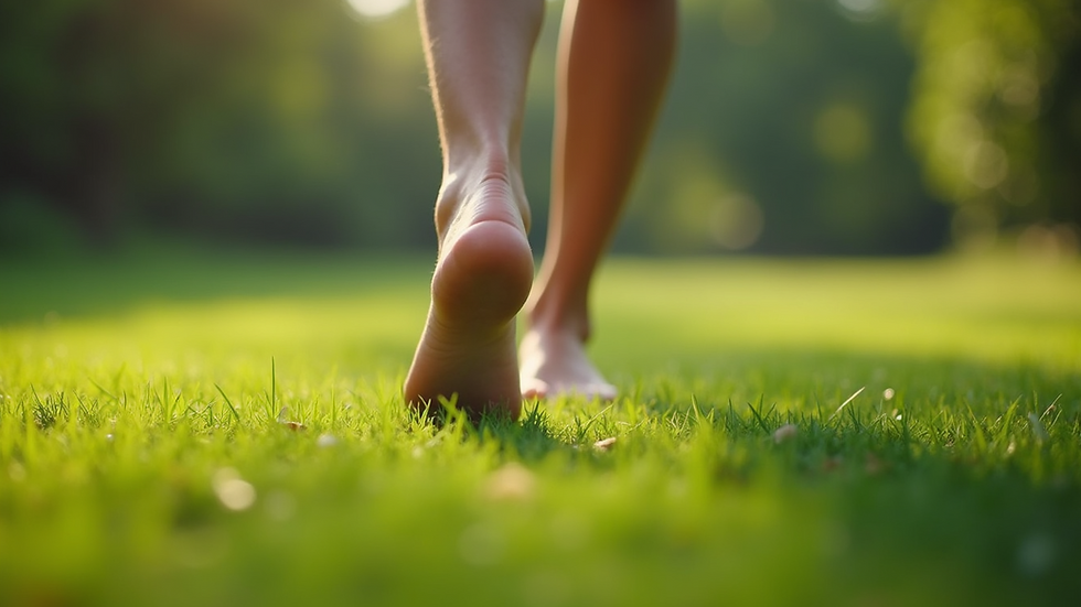 Close-up view of a person grounding barefoot on lush green grass