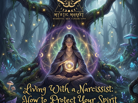 Mystical woman holding a glowing orb in an enchanted forest, surrounded by colorful mushrooms. Text: "Living With a Narcissist..."