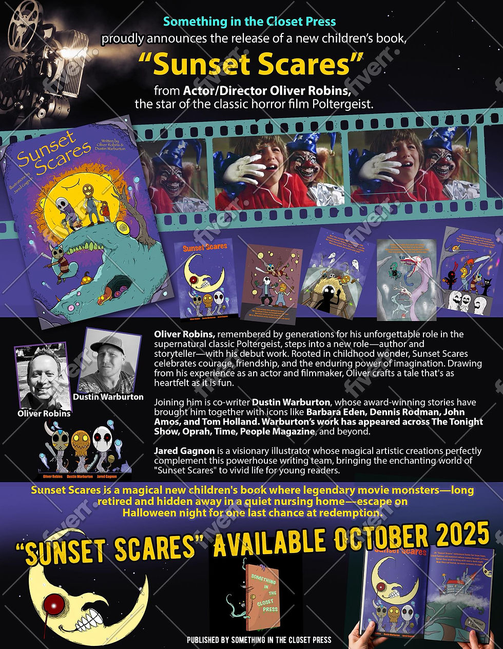 Film reel and book cover for "Sunset Scares" by Oliver Robins. Features colorful illustrations and text announcing release in October 2025.