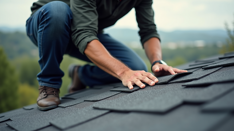 Close-up view of a professional inspecting roof shingles
