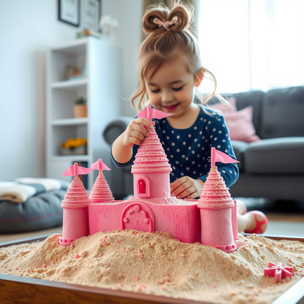 Sand castle made with kinetic pink sand a girl child playing with it in the living room..jpg