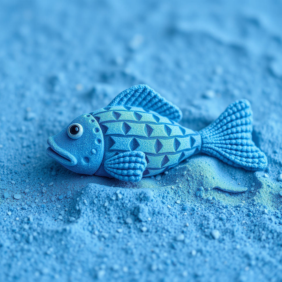 fish made from blue kinetic kids sand , no background. all the sand you see in the picture