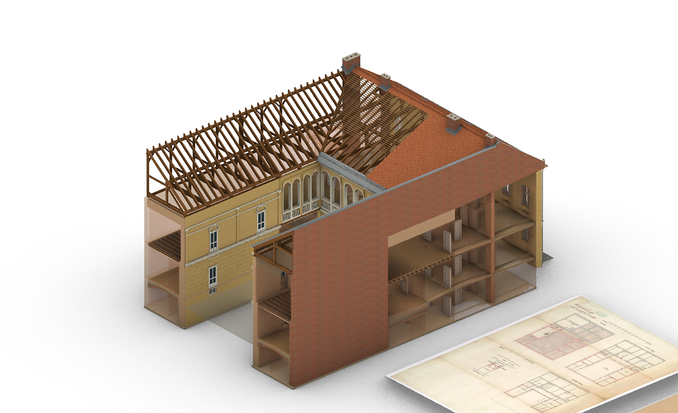 View into the courtyard of the 3D model with the exposed timber framing and a historical drawing as a reference.