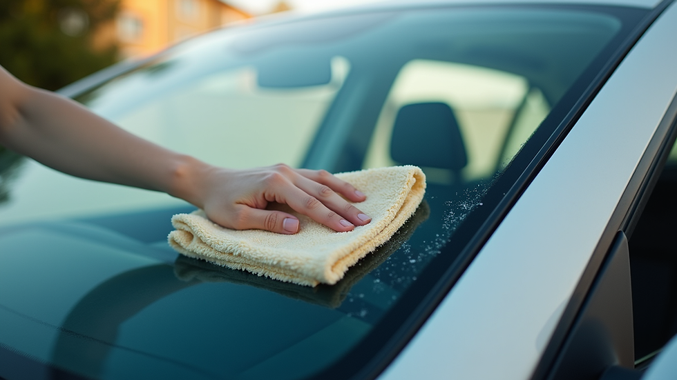 Close-up view of a car window being cleaned with a soft cloth