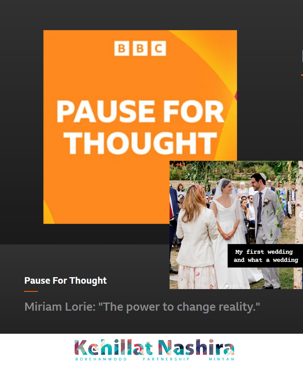 BBC logo with "Pause for Thought" text on orange. Inset: Wedding ceremony with bride and groom smiling. Caption: "My first wedding and what a wedding."