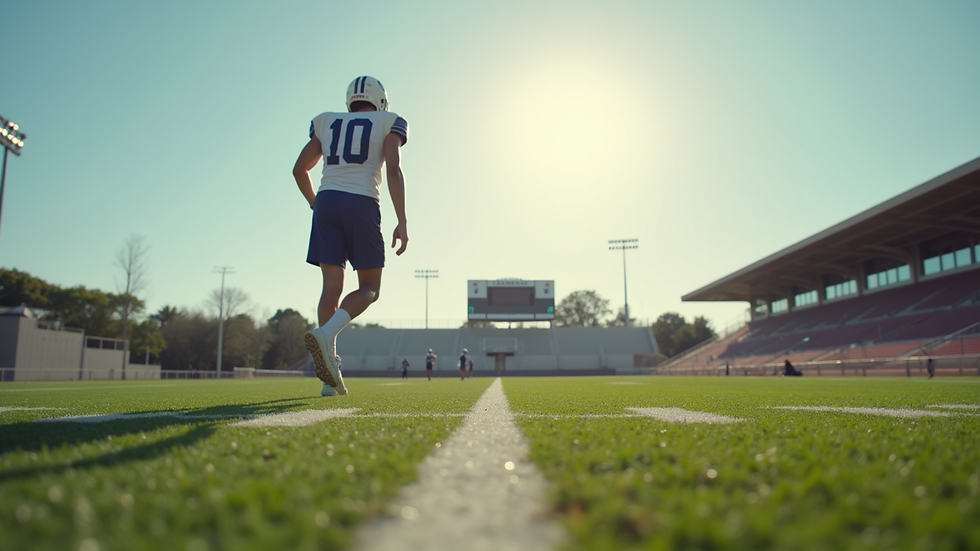 Eye-level view of a student athlete practicing on a football field