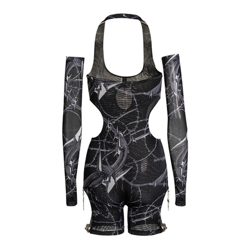 HARDCORE DANCE cross & Thorns printed mesh bodysuit | 666999 Official