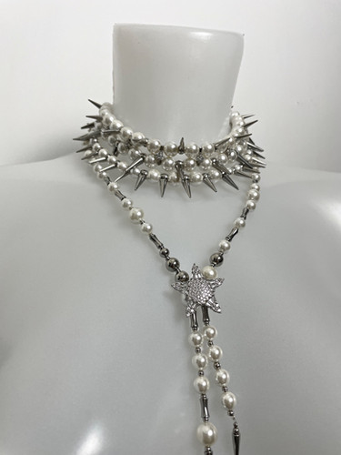 国内で当店のみ 666999 - Pearls spikes choker Extraction' double layer short spikes pearls choker | 666999acc