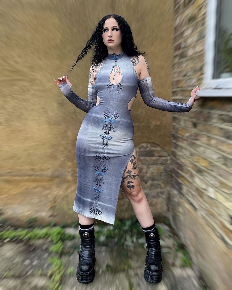 Miniature : Cyber sigils-printed stretch-mesh side spilt dress