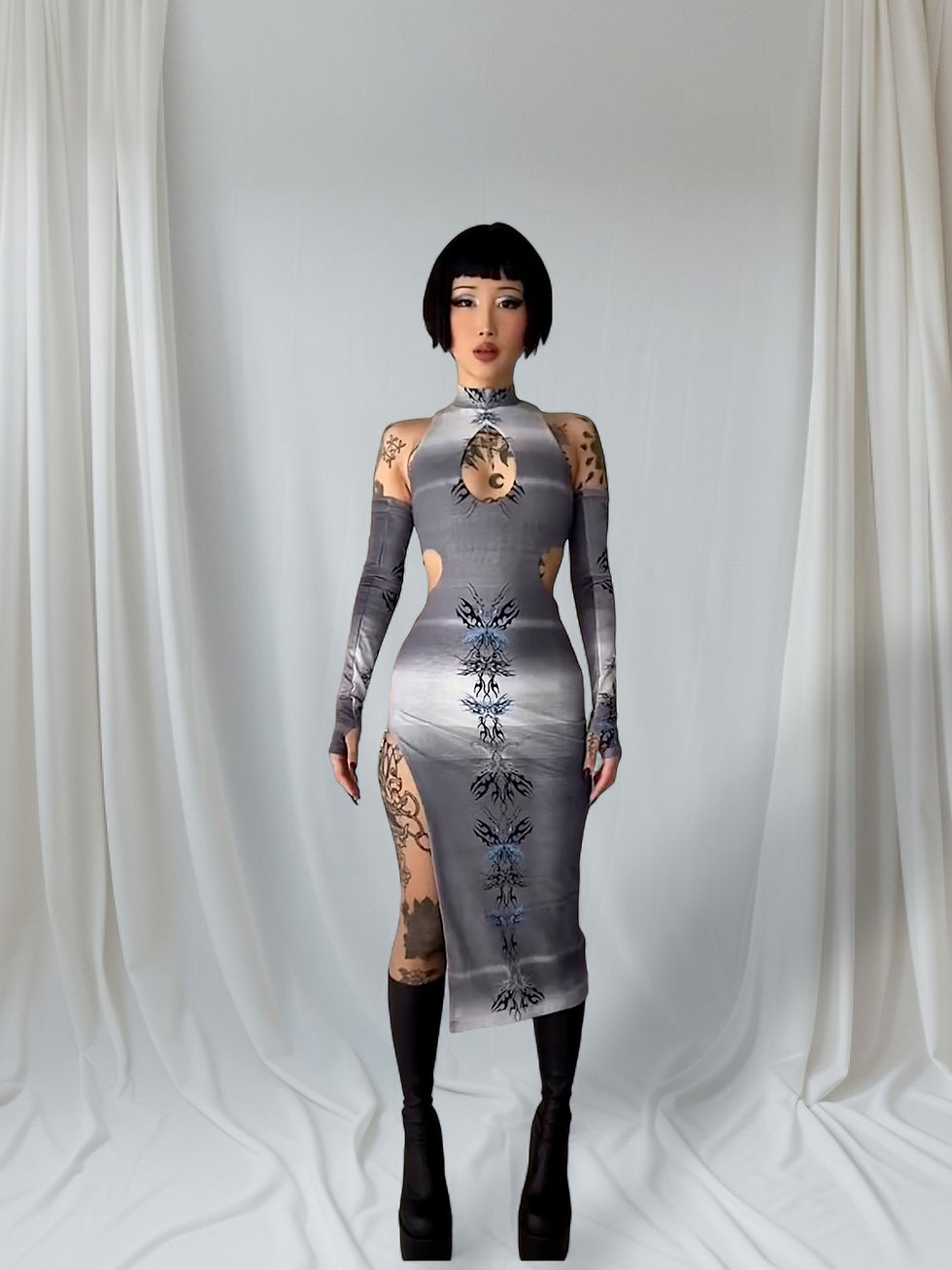Cyber sigils-printed stretch-mesh side spilt dress | 666999acc