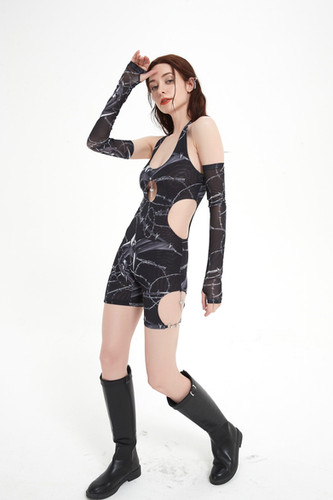 HARDCORE DANCE cross & Thorns printed mesh bodysuit | 666999 Official