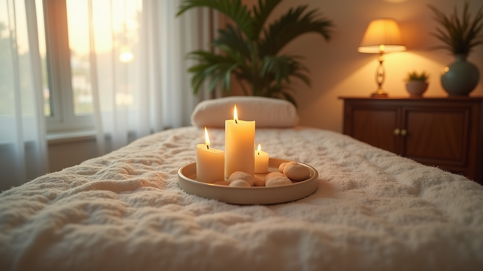 Eye-level view of a serene massage setup in a cozy living room