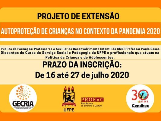 Projeto de Extensão Autoproteção de Crianças no Contexto da Pandemia está com inscrições abertas