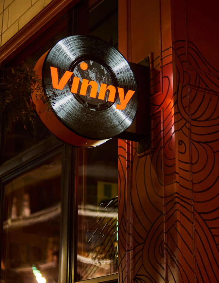 Vinny Restaurant + Vinyl Bar branding and identity system, Charles Khabouth