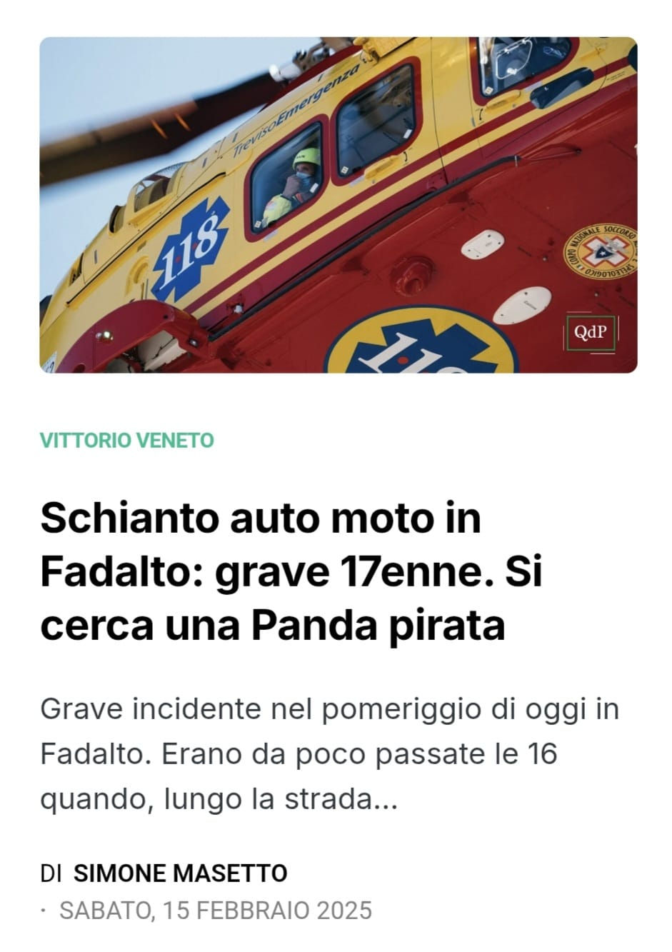 Schianto auto moto in Fadalto