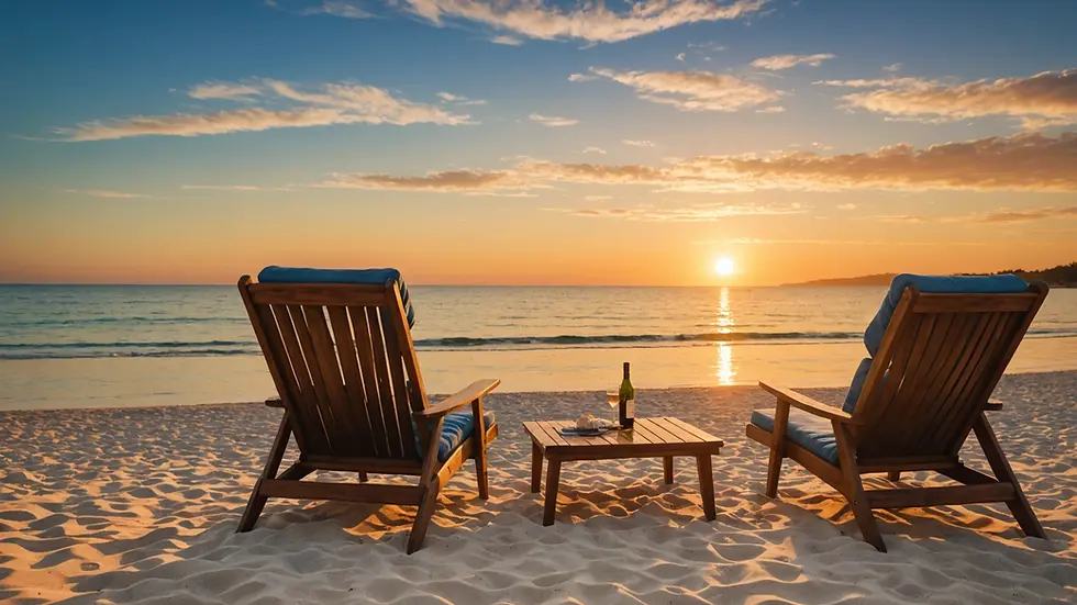 Close-up of a serene private beach with lounge chairs and a stunning sunset