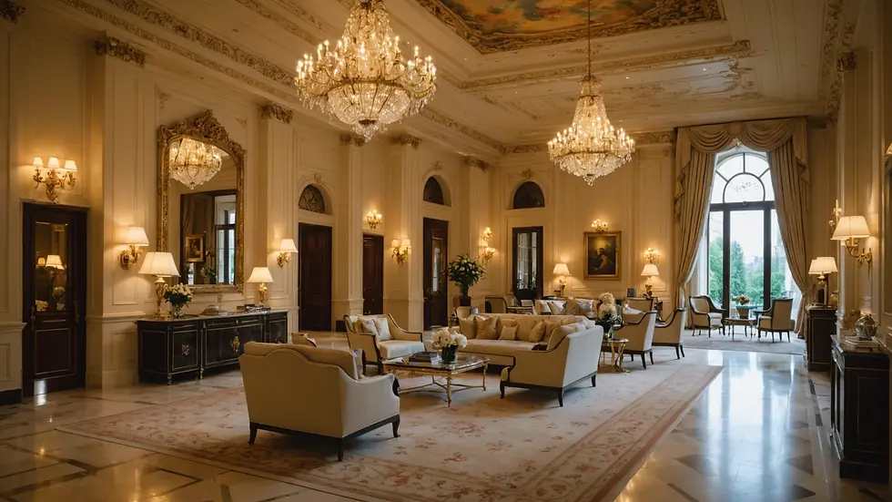 Wide angle view of the breathtaking interior of Four Seasons Hotel George V