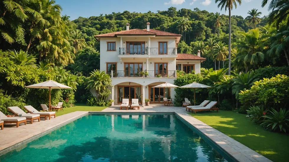 Eye-level view of a villa with a pool surrounded by lush greenery