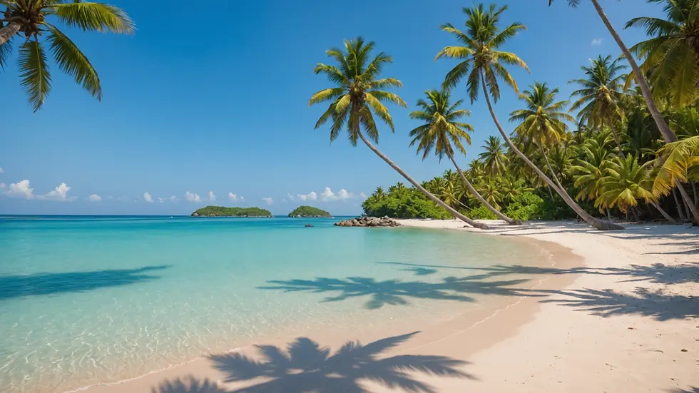 Wide angle view of a pristine beach with palm trees and clear blue waters