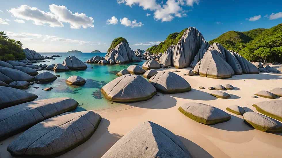 Wide angle view of the unique granite formations at Anse Source d'Argent