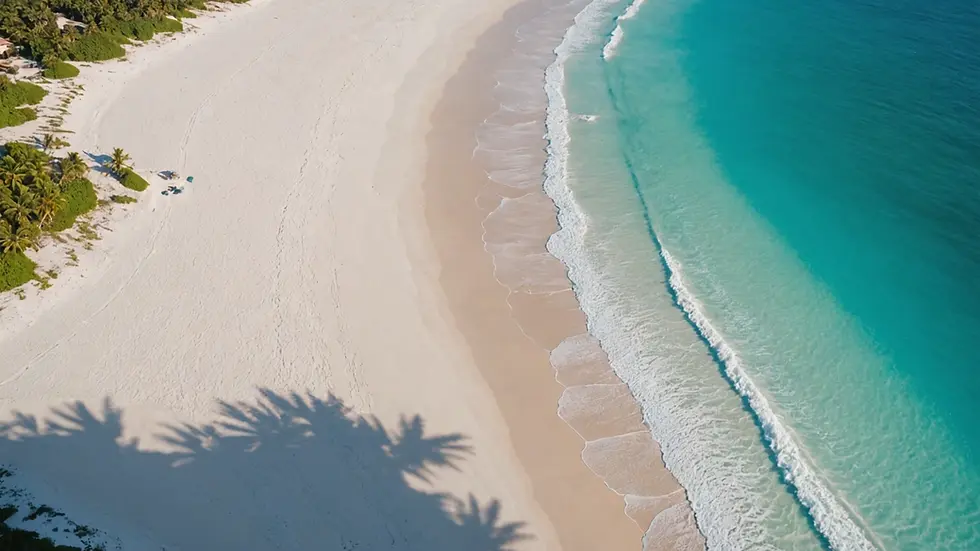 High angle view of a secluded beach with white sands and turquoise waters