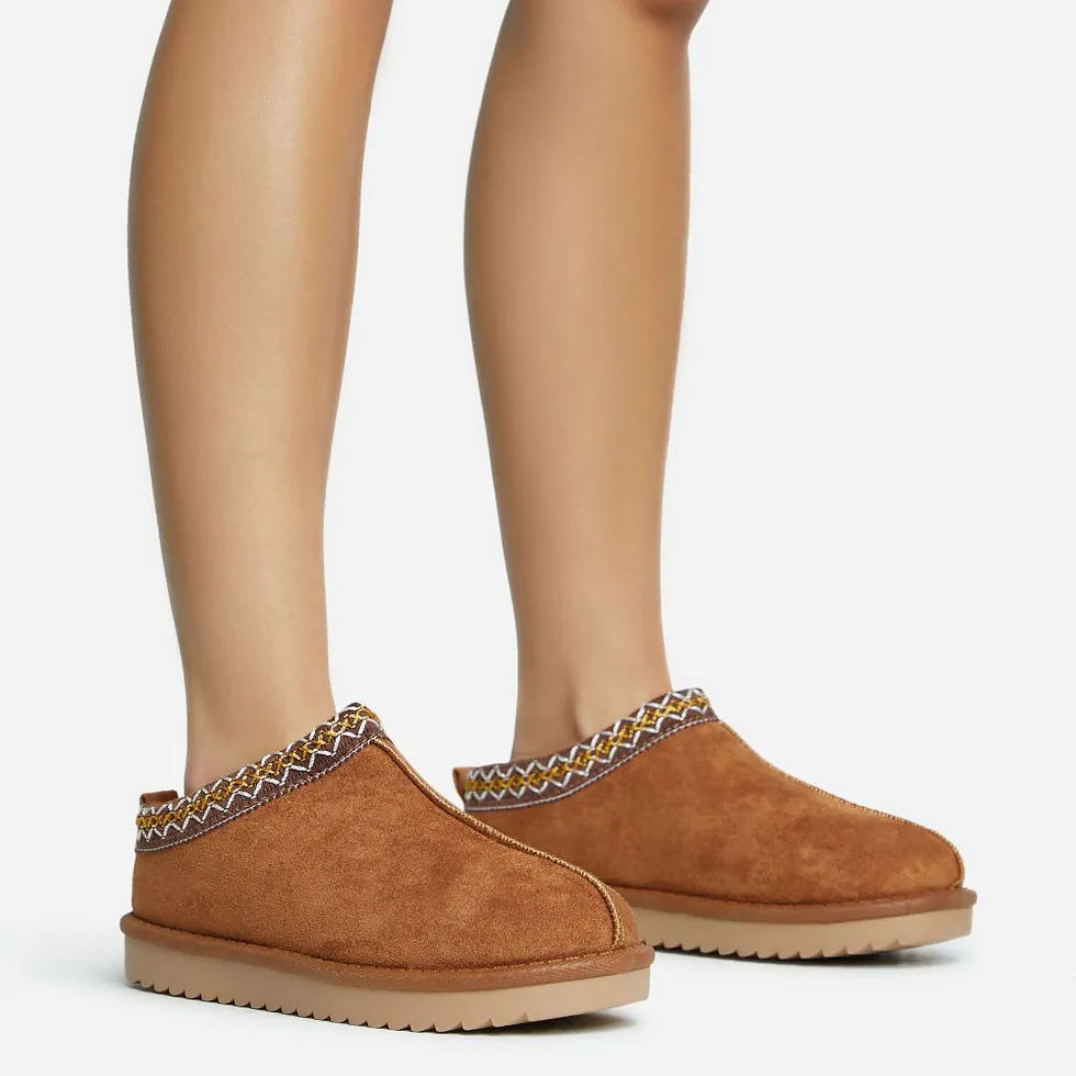 Catch-up Aztec Detail Faux Fur Lining Flat Slipper in Chestnut Brown Faux Suede — EGO, £8 - UGG Tasmans dupes