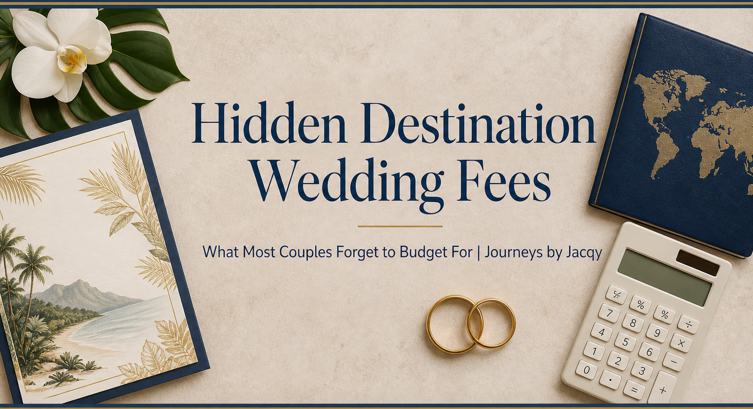 Flat lay of destination wedding planning elements representing unexpected costs and hidden fees.