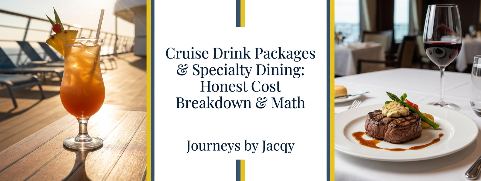 A split graphic showing a tropical cruise cocktail and a steak dinner, representing cruise drink packages and specialty dining.