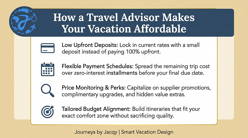 Infographic detailing four key ways a travel agent helps clients afford vacations using low deposits and payment plans.