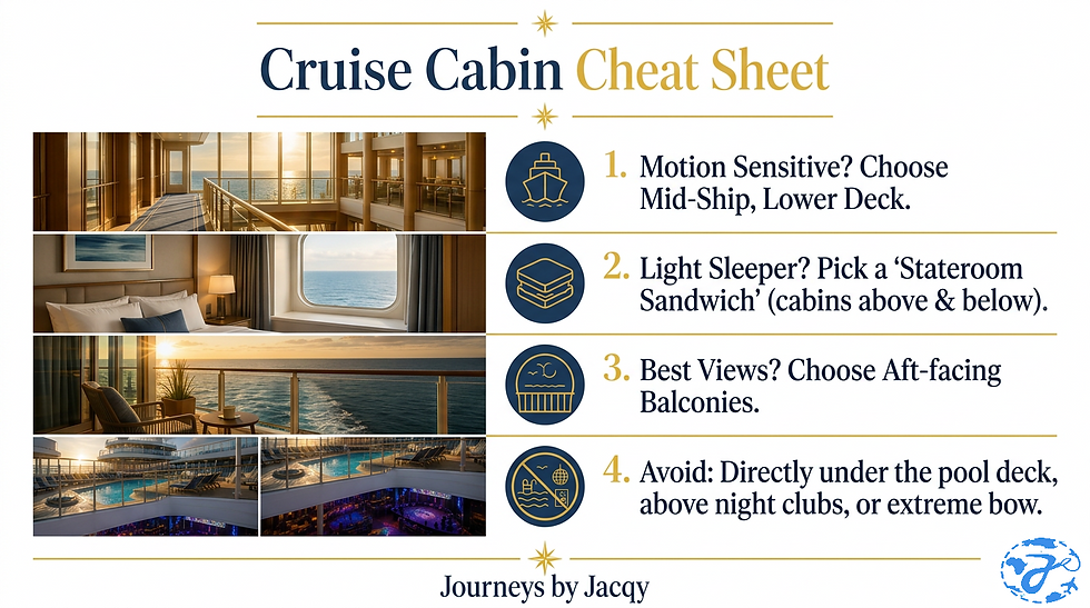 Cruise cabin cheat sheet graphic showing where to stay on a cruise ship based on travel preferences.