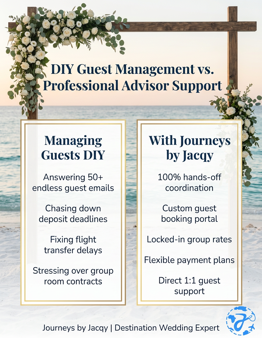 Comparison graphic highlighting the benefits of hiring a travel advisor for destination wedding guests versus managing bookings DIY.