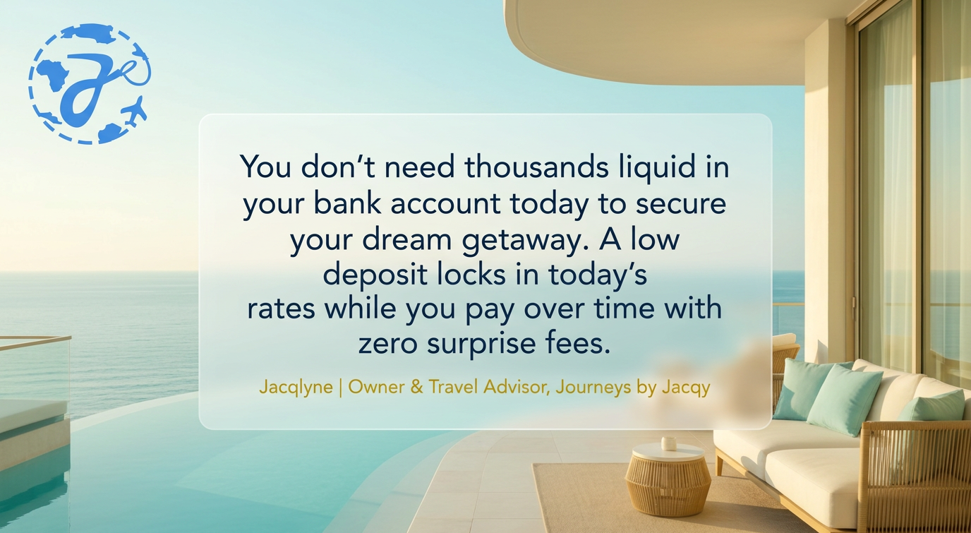 Quote banner highlighting zero-interest travel payment options and low deposits with travel advisor Jacqlyne.