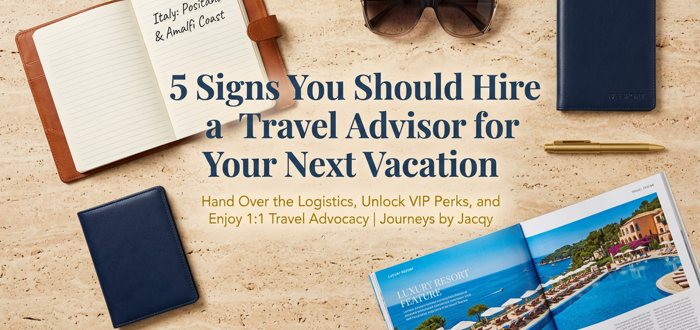 Luxury travel planning flat-lay featuring an open traveler notebook with vacation notes, passport cover, sunglasses, and a luxury resort magazine.