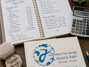 Open destination wedding budget planner on desk with calculator and ring box; handwritten checklist, costs, dates, and blue logo.