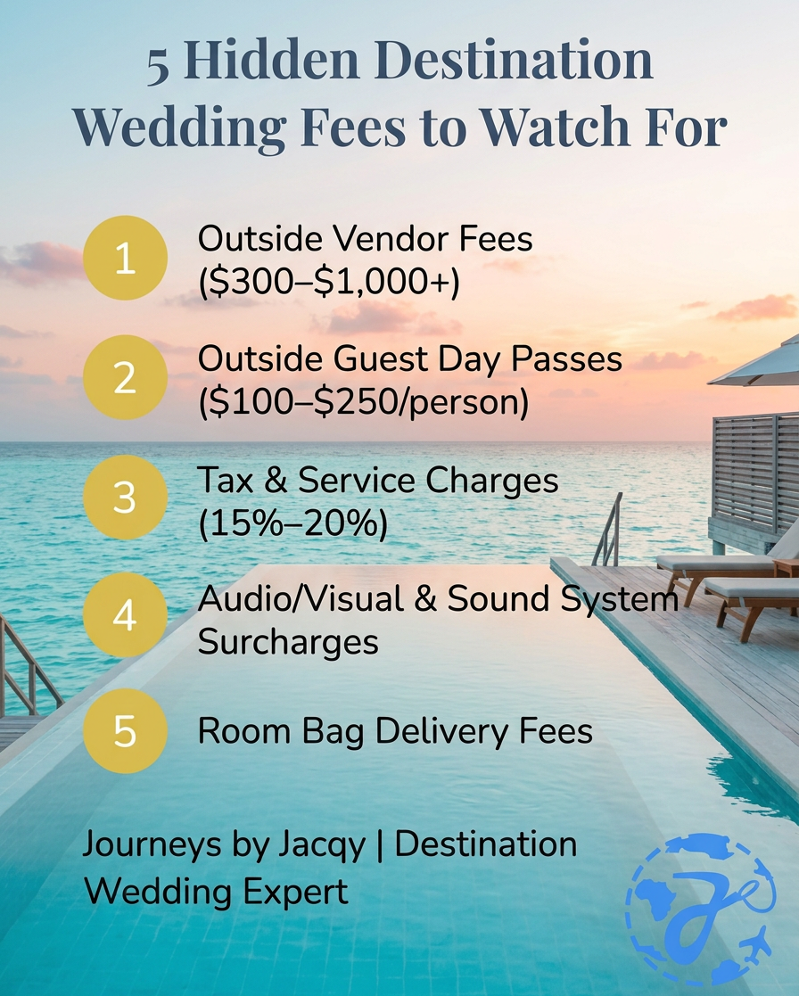 Checklist graphic highlighting top hidden fees in destination wedding budgets