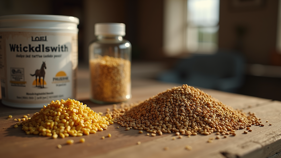 Close-up view of horse feed and supplements