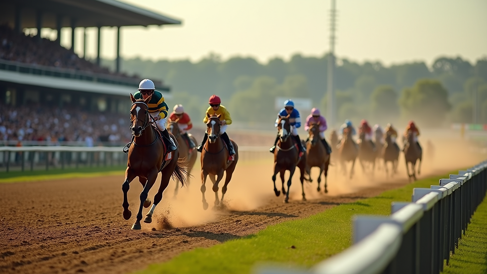 High angle view of a vibrant racetrack filled with energetic thoroughbreds